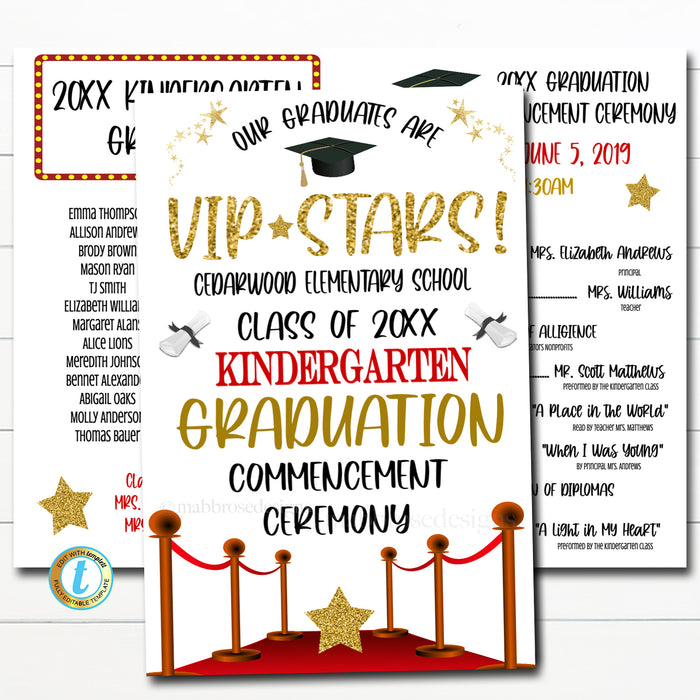 Red Carpet Theme Hollywood Graduation Ceremony Program Template Kindergarten, Any Grade Elementary School, Preschool Graduate, EDITABLE TEMPLATE