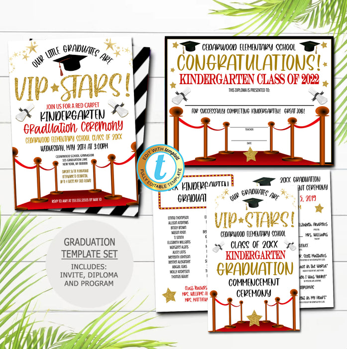 Red Carpet Theme Hollywood Graduation Ceremony Set, Certificate Diploma Invite and Program Templates, Any Grade EDITABLE TEMPLATE
