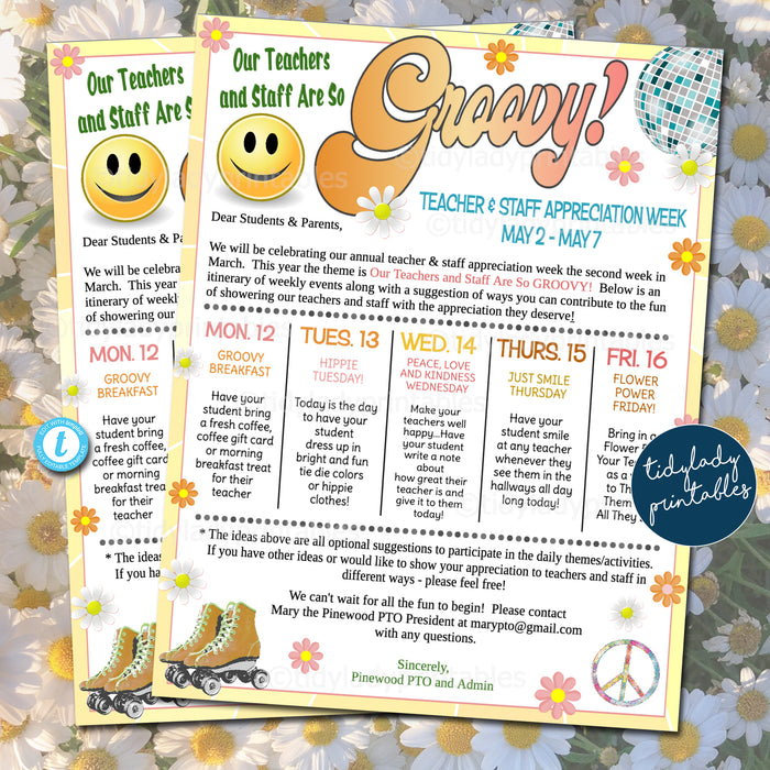 Groovy 60s 70s Theme Teacher Appreciation Week Itinerary, Retro Vintage School Staff Schedule Events Printable Template