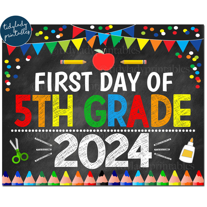 First Day of Fifth Grade 2024, Printable Back to School Chalkboard Sign, Primary Colors Boy Confetti, 5th Grade Digital Instant Download