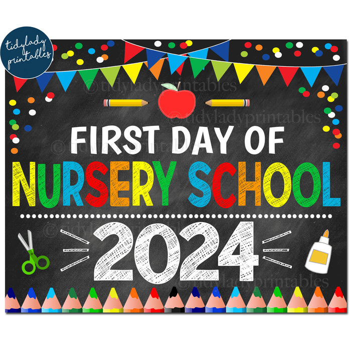 First Day of Nursery School 2024, Printable Back to School Chalkboard Sign, Primary Colors Boy Banner Confetti, Digital Instant Download