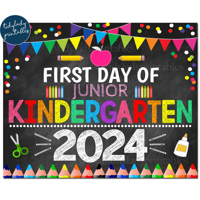First Day of Junior Kindergarten 2024, Printable Back to School Chalkboard Sign Rainbow Colors Girl Banner Confetti Digital Instant Download