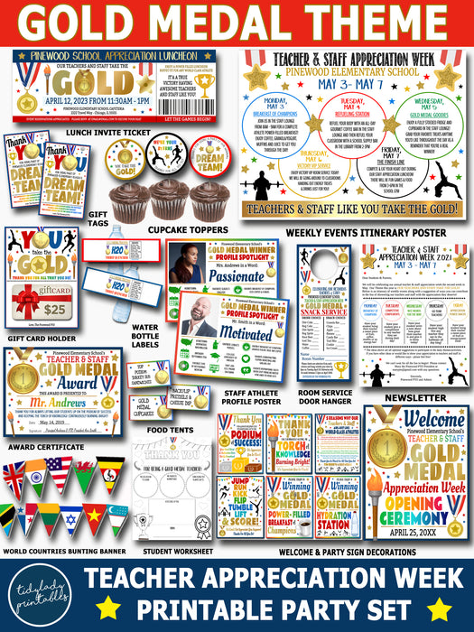 Gold Medal Theme Teacher Appreciation Week Printable Party Set