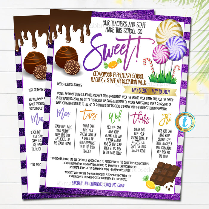 Teacher Appreciation Week Itinerary, Candy Sweet Theme, You're the Sweetest School pto pta Staff Schedule Events Printable EDITABLE TEMPLATE