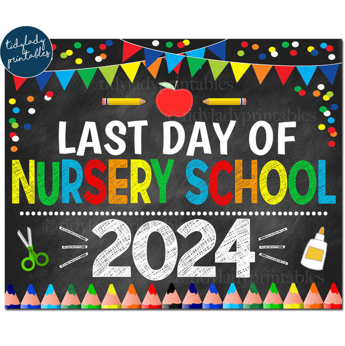 Last Day of Nursery School 2024, Printable End of School Chalkboard Sign, Primary Colors Boy Banner Confetti, Digital Instant Download