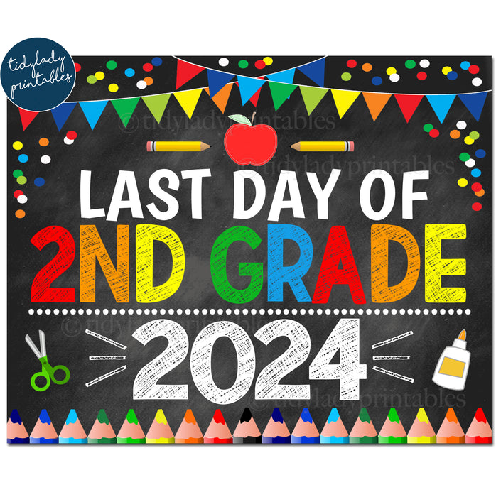 Last Day of Second Grade 2024, Printable End of School Chalkboard Sign, Primary Colors Boy Confetti, 2nd Grade Digital Instant Download