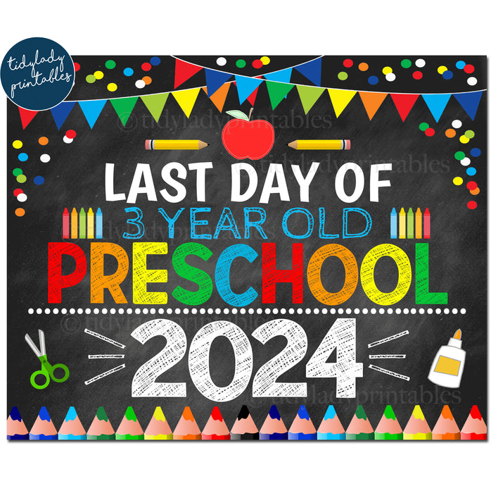 Last Day of Three Year Old Preschool 2024, Printable End of School Chalkboard Sign, Primary Colors Boy Confetti, Digital Instant Download