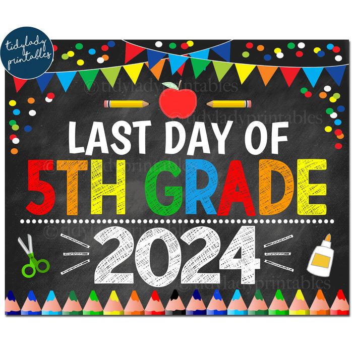 Last Day of Fifth Grade 2024, Printable End of School Chalkboard Sign, Primary Colors Boy Confetti, 5th Grade Digital Instant Download