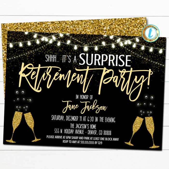 Editable Surprise Retirement Invitation Black Gold Printable Digital Invite, Retirement Party String Lights Glitter Elegant INSTANT DOWNLOAD