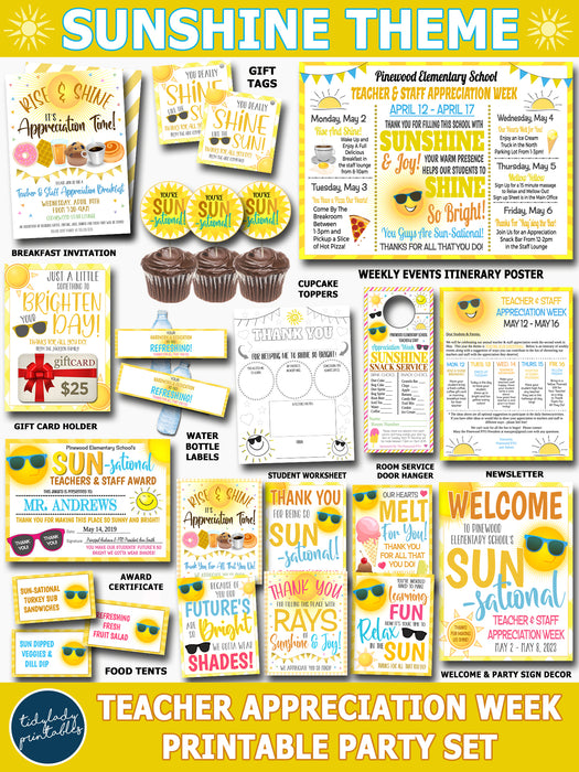 Yellow Sunshine Theme Teacher Appreciation Week Printable Party Set