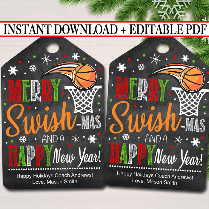 Christmas Basketball Gift Tags, Merry Swish-mas and a Happy New Year Tag, Holiday Sports Coach Printable, ,