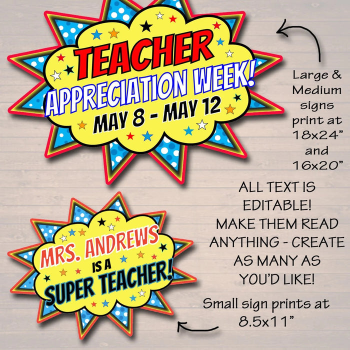 Superhero Theme Teacher Appreciation Week Printable Party Set