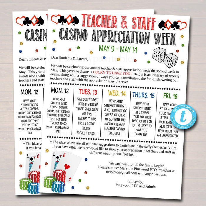 Casino Theme Teacher Appreciation Week Printable Party Set