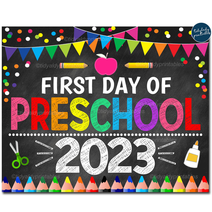 First Day of Preschool 2023, Printable Back to School Chalkboard Sign, Rainbow Colors Girl Banner Confetti Digital Instant Download