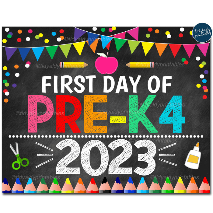 First Day of PRE-K4 2023, Printable Back to School Chalkboard Sign, Rainbow Colors Girl Banner Confetti Digital Instant Download