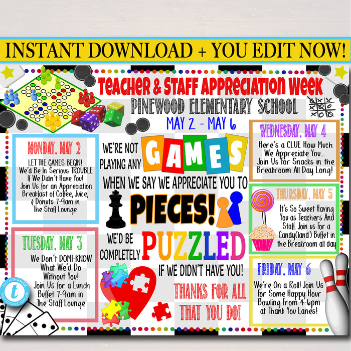 Games Themed Teacher Appreciation Week Itinerary Poster Printable
