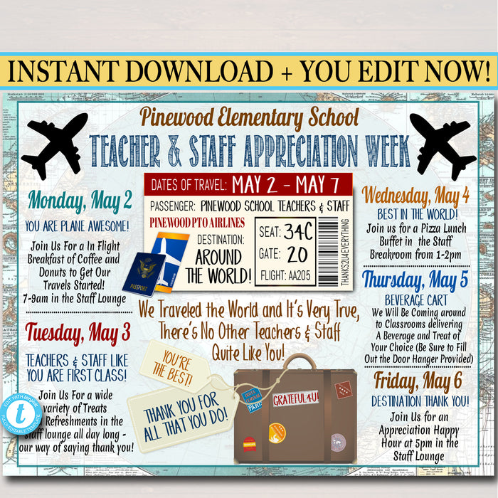World Travel Map Themed Teacher Appreciation Week Itinerary Poster Printable