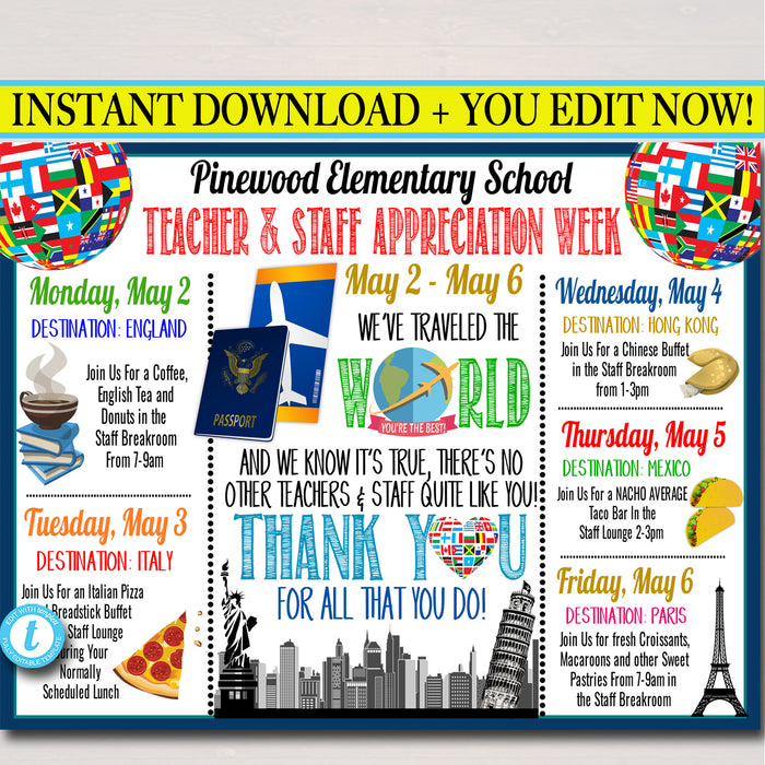 Around The World International Themed Teacher Appreciation Week Itinerary Poster Printable