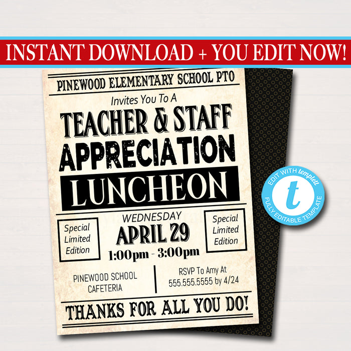 Newspaper Themed Teacher Appreciation Week Luncheon Invitation Printable