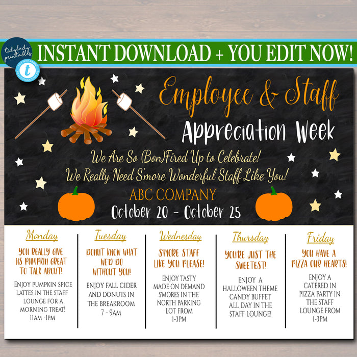 Fall Bonfire S'mores Theme Appreciation Week Itinerary Poster, EDITABLE TEMPLATE