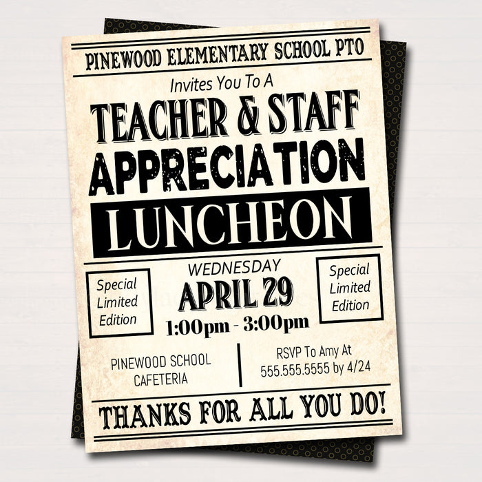 Newspaper Themed Teacher Appreciation Week Luncheon Invitation Printable