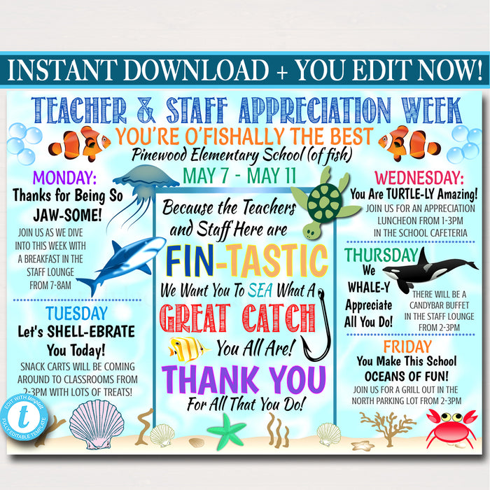 Under the Sea Themed Teacher Appreciation Week Itinerary Poster Printable