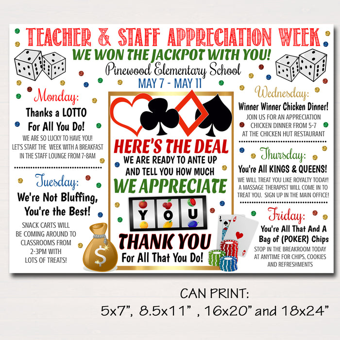 Casino Themed Teacher Appreciation Week Itinerary Poster Printable