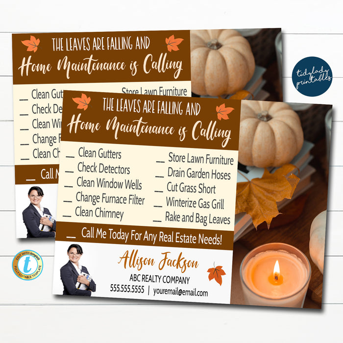 Fall Realtor Postcard, Autumn Maintenance Checklist Mailer, Real Estate Marketing, DIY Editable Template