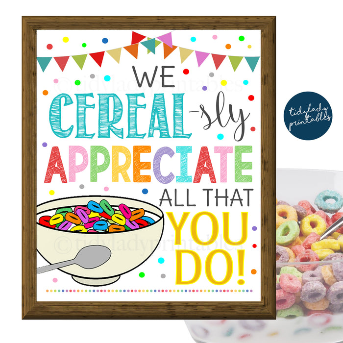 Cereal Bar Sign, Teacher Appreciation Week Printable Breakfast Food Decoration