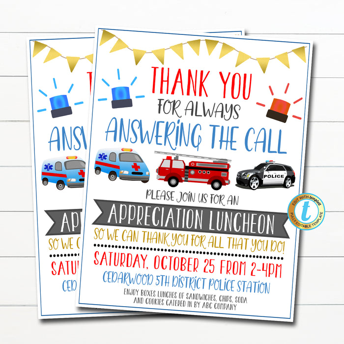 First Responder Appreciation Flyer - Thank You Frontline Essential Workers Luncheon Dinner Event, Editable Template
