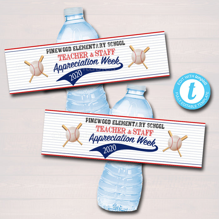 Baseball Theme Teacher Appreciation Water Bottle Labels
