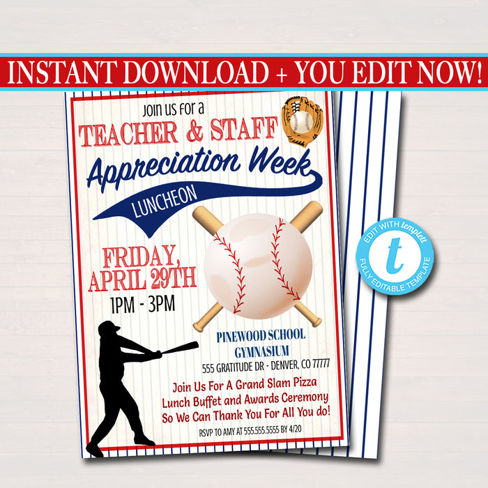 Baseball Theme Teacher Appreciation Party Luncheon Invitation Template