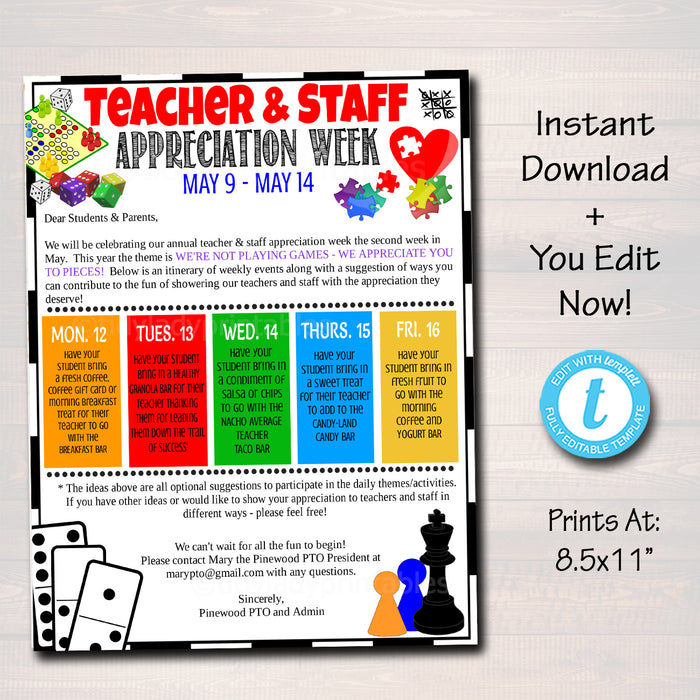 Games Theme Teacher Appreciation Week Take Home Newsletter Printable
