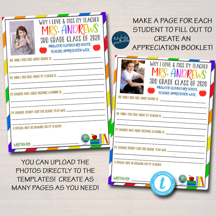 All About My Teacher Appreciation Week Gift Booklet Template Set