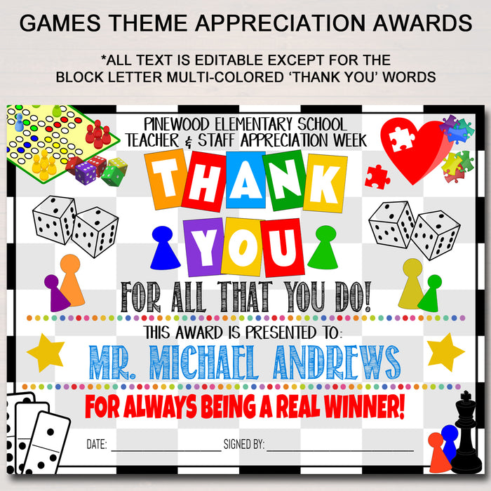Games Theme Teacher Appreciation Week Award Certificates