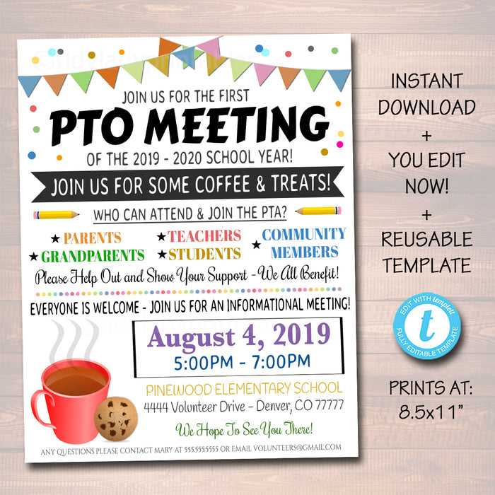 PTO PTA Meeting Event Flyer - Editable Template