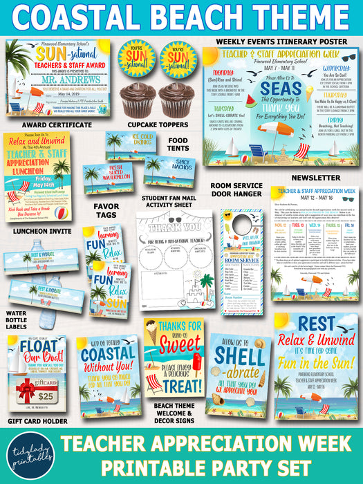 Coastal Beach Theme Teacher Appreciation Week Printable Party Set