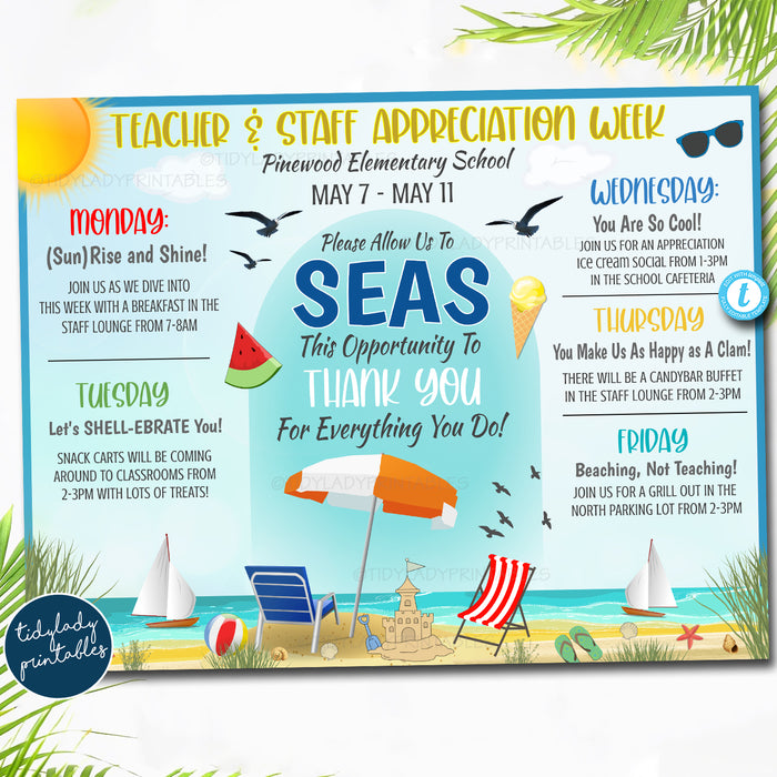Coastal Beach Themed Teacher Appreciation Week Itinerary Poster Printable