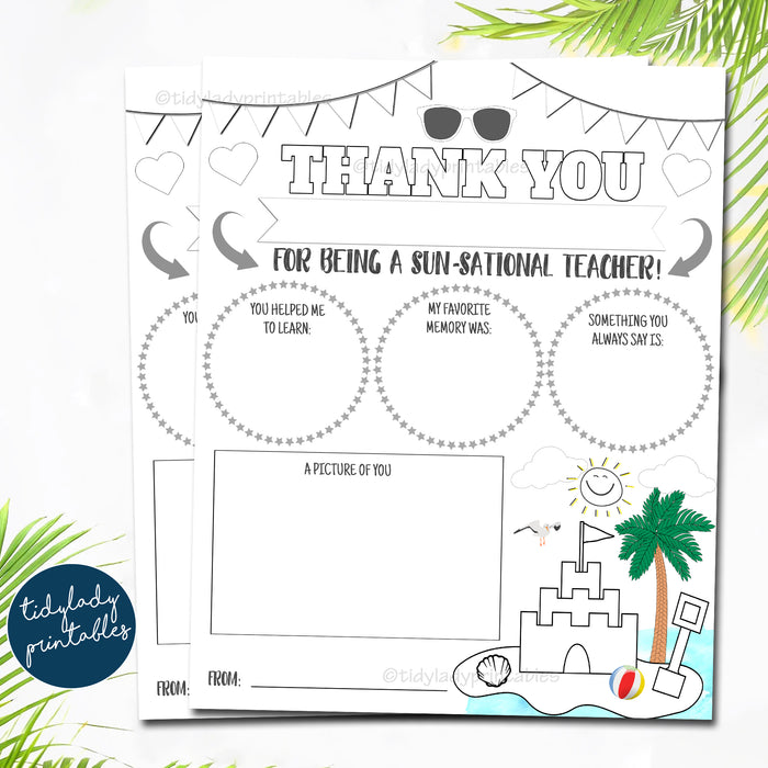 Beach Theme Teacher Appreciation Week All About My Teacher Worksheet, Thank You Coloring Page PRINTABLE