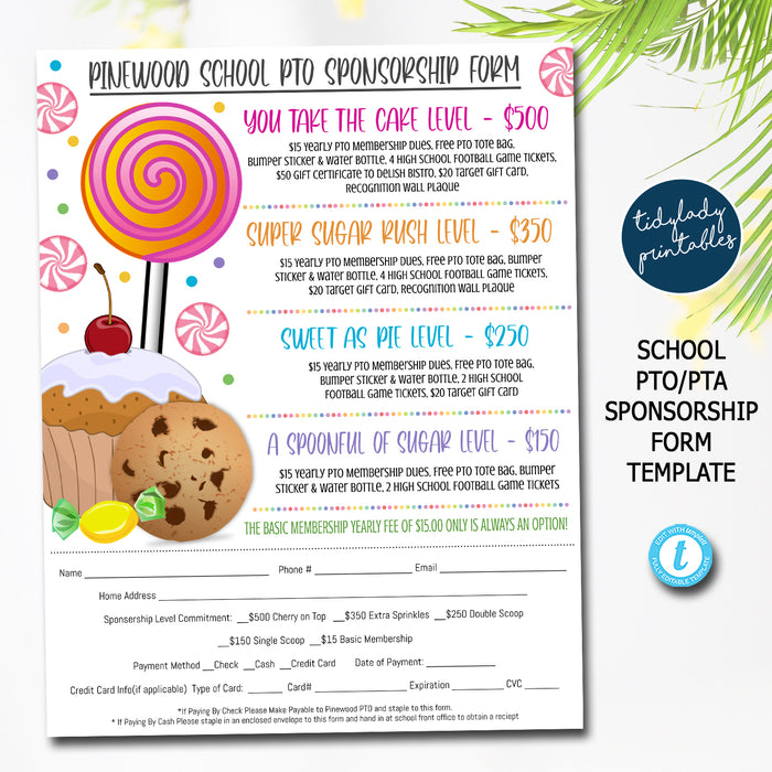 School Pto/Pta Candy Sweet Theme Sponsorship Form, Editable Template