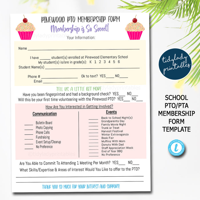 School Pto Pta Candy Sweet Theme Membership Form, Editable Template