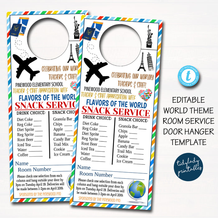 International Around the World Travel Theme Teacher Appreciation Week Printable Room Service Door Hangers