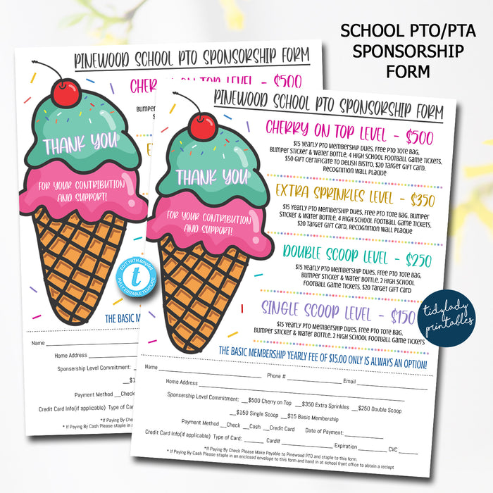 School Pto/Pta Ice Cream Theme Sponsorship Form, Editable Template