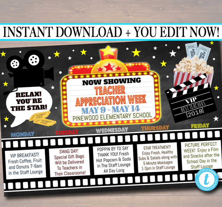 Hollywood Movie Theme Teacher Appreciation Week Printable Party Set
