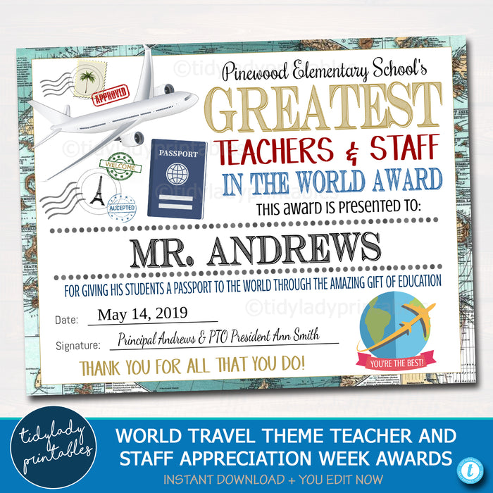 World Travel Theme Teacher Appreciation Printable Award Certificates