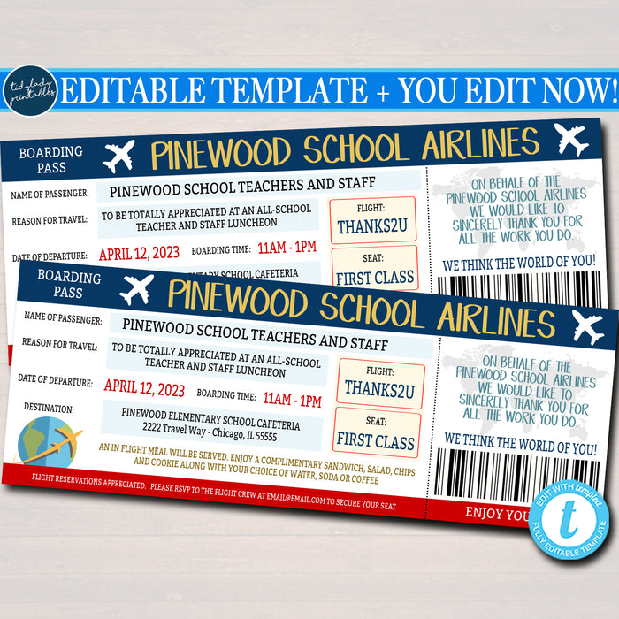 Boarding Pass Ticket, Travel Theme Teacher Appreciation Week Luncheon Invite, Printable Template