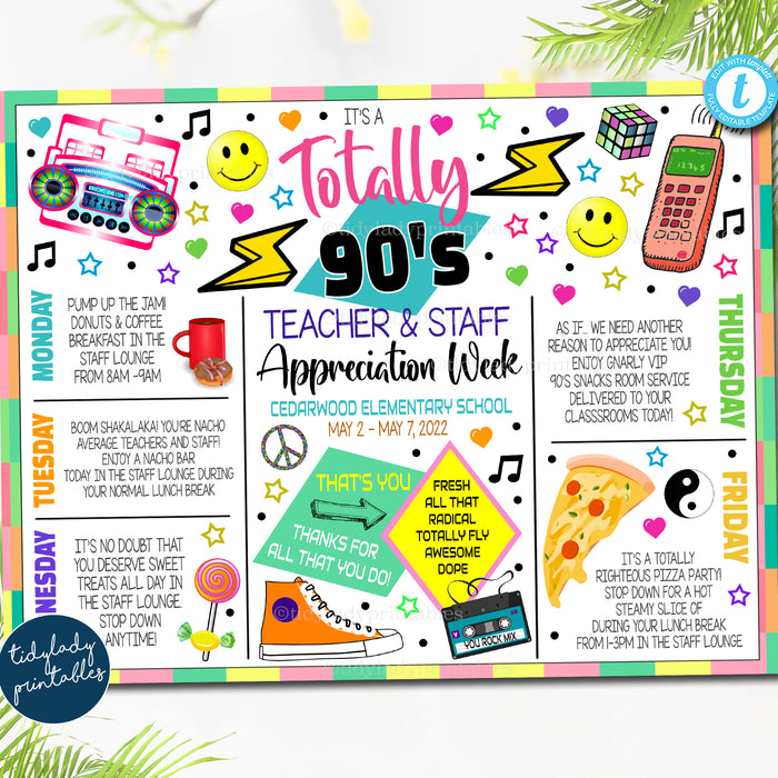 80s 90s Theme Teacher Appreciation Week Itinerary, Retro Throwback Old School Staff Schedule Events Printable, EDITABLE TEMPLATE