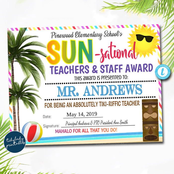 Tropical Beach Theme Teacher Appreciation Week Award Certificates