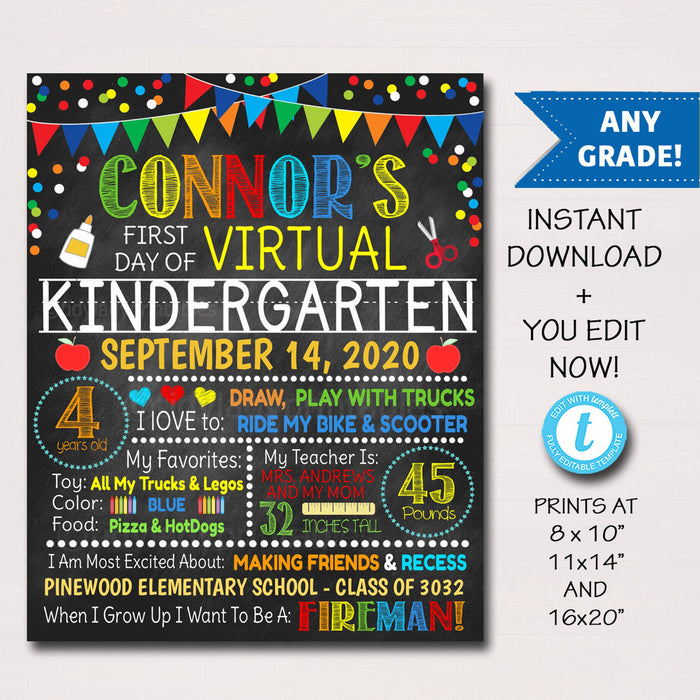 First Day Of Virtual School Sign - Any Grade - Editable Template