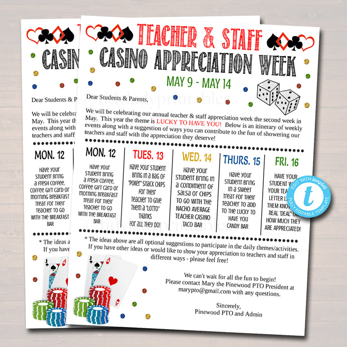 Casino Theme Teacher Appreciation Week Take Home Newsletter Template